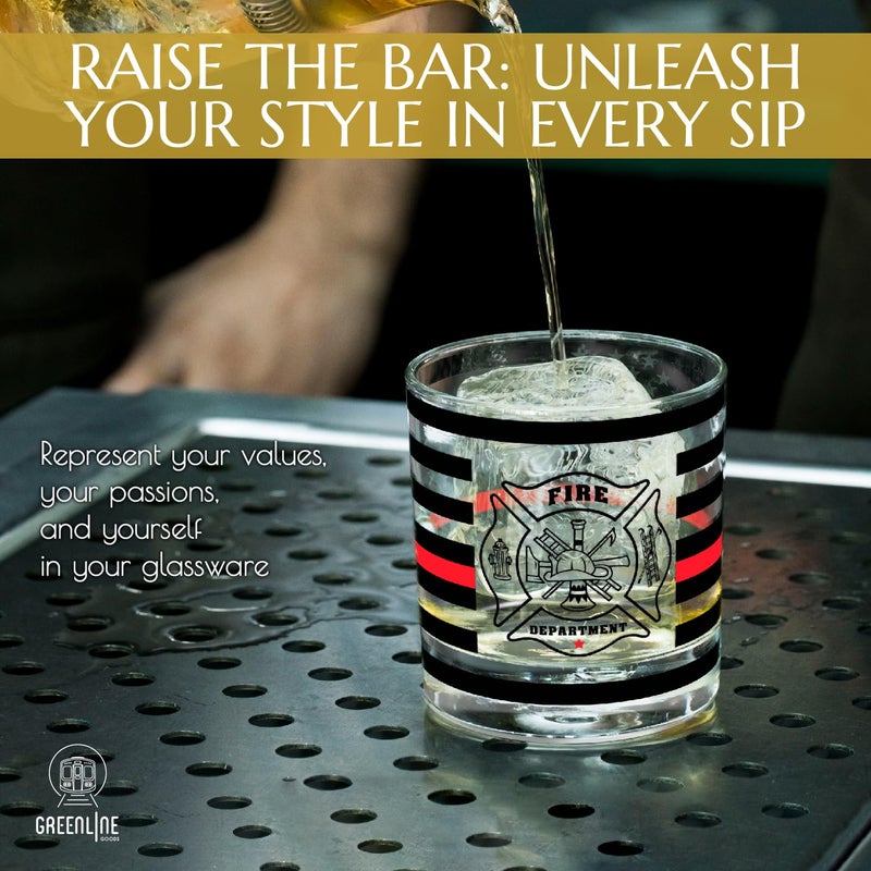 Greenline Goods Thin Red Line Firefighter Whiskey Old Fashioned Glasses (Set of 2) - 10 oz - Classic Glass Drinkware with Fire Fighter Flag Graphics -Shows Support for First Responders - Image 2